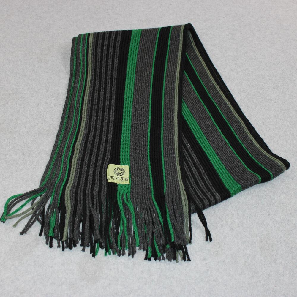 Man Of Aran Wool Knit Scarf Men OS Green Gray Stripe Fringe Ireland Heritage